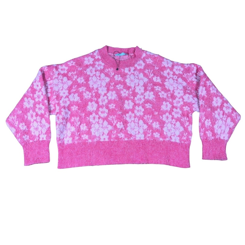 ZARA Women's Large‎ Pink Floral Jacquard Knit Sweater Wool blend